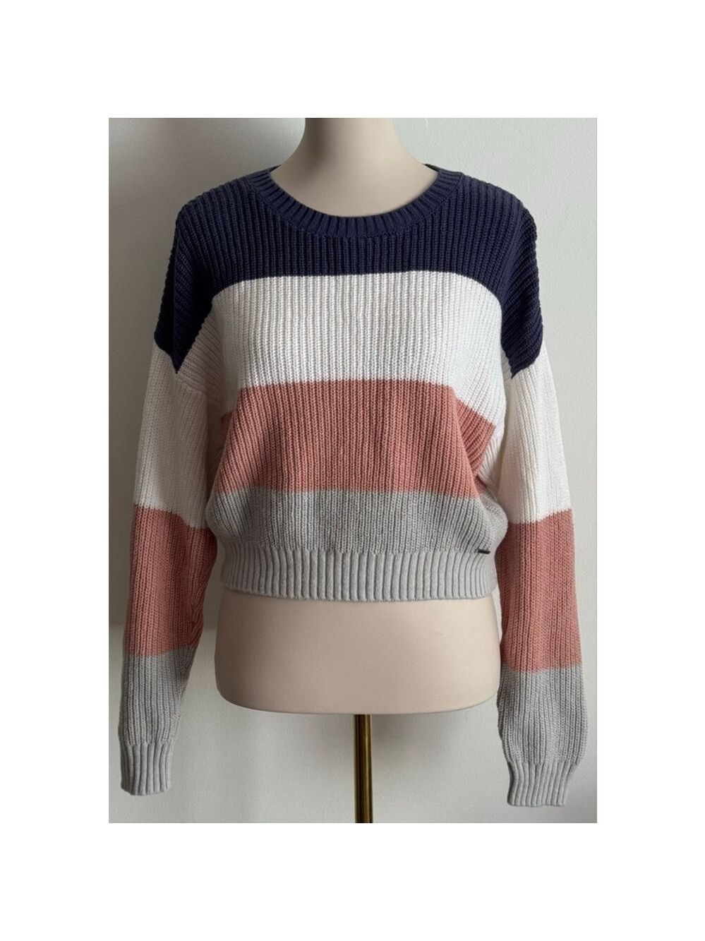 Women's Hollister M Striped Crew Neck Sweater in Blue, White & Pink